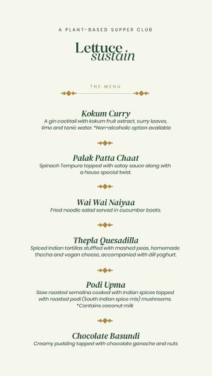 Yatra menu in Veganuary (January) 2025 at Lettuce Sustain Supper Club in South East London
