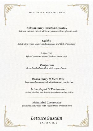 Yatra 2.0 menu from March 2025 at Lettuce Sustain Supper Club in South East London