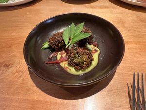 Falafel, broad bean hummus, pickled cabbage at No 7 Balmac in Dunedin