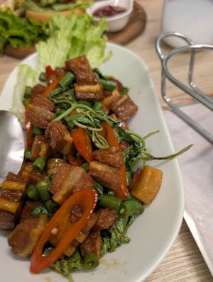 Fried faux pork with basil at Tess Vegan Café in Pattaya