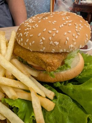 Burger and fries at Tess Vegan Café in Pattaya