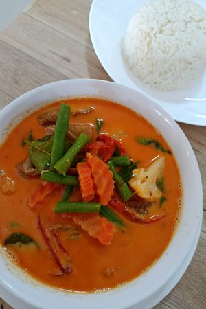 Red curry with fake duck at Tess Vegan Café in Pattaya