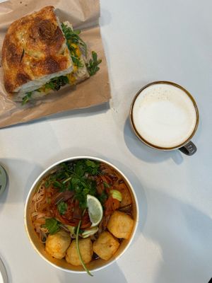 Ramen and coronation chickpea focaccia sandwich at Chaya Canteen in Bristol