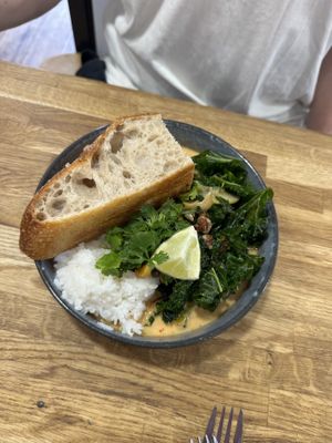 Thai curry with bread  at Chaya Canteen in Bristol