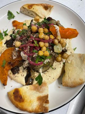 Hummus with shawarma style grilled oyster mushrooms  at Black Cat Santiago in Santiago De Compostela