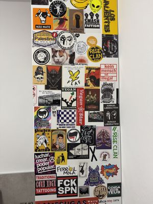 Great stickers in the loo  at Black Cat Santiago in Santiago De Compostela