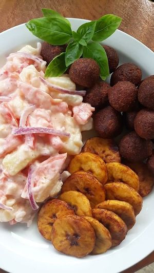 Beetballs with Potatoes Salad and Plantain at vegantamarindo in Tamarindo