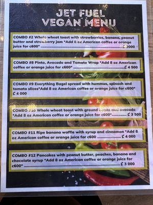 Separate vegan menu  at Jet Fuel Coffee Shop in Jaco