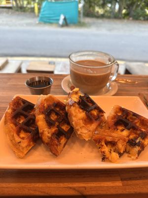 Plantain Waffle made with fresh, ripe plantain.   Picture doesn't do it justice.  It was wonderful!   at Jet Fuel Coffee Shop in Jaco