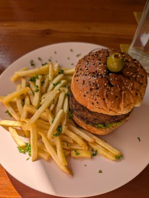 Lentil Burger with fries at Fruit Cafe in Ahangama