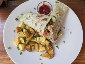 Falafel wrap with baby potato wedges at Fruit Cafe in Ahangama
