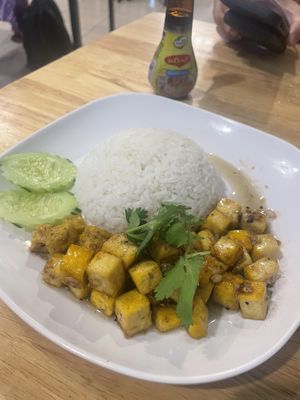 Fried garlic tofu with rice (so good)   at The Best One PadThai in Ao Nang