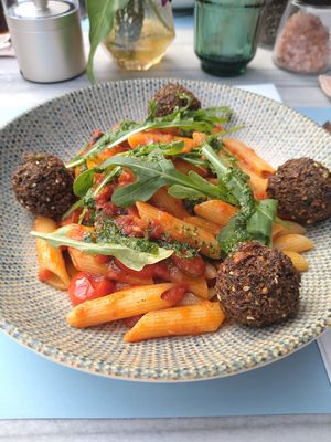 Pomodoro with vegan penne pasta with falafels and pesto. Very delicious and excellent customer service!🤩 at CRU Kitchen & Bar in Ao Nang