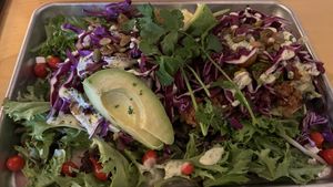 Avocado Tostada w/ Vegan Choriza   at The Red Roof in Gleneden Beach