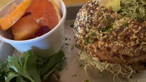 Veggie Bagel w/ Fruit  at The Red Roof in Gleneden Beach