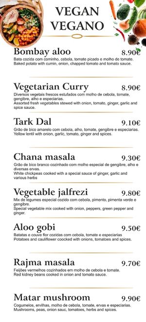 Menu at The Taj Cuisine in Porto
