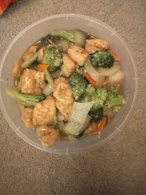 Broccoli in sauce (with surprise tofu)  at Golden City in Tipton