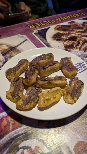 Banana fritters with vegan Nutella!!! at Dream Tibetan Kitchen Restaurant in Pushkar