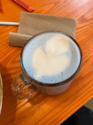 Scrumptious ocean blue latte with ART at Life Alive Organic Cafe Union Square  in Somerville