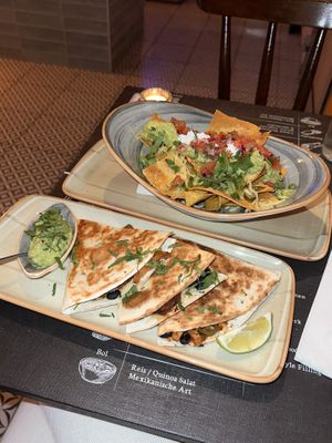 Vegan pulled soy quesadillas with vegan cheese and nachos with vegan sour cream dip  at Los Locos Mexican Street Food in Vienna