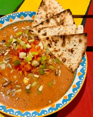 Refreshing watermelon gazpacho with tortilla chips 🧡 at Herbalist by Nitevo Reggae Bar and Restaurant in San Vicente Palawan