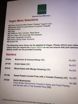 Vegan menu at Lords Restaurant Complex in Negombo