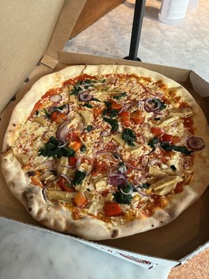 Forza pizza. Vegan cheese, vegan chicken from pea protein etc  at L'Osteria - Bauhausplatz in Munich