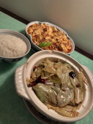 Ma Po Tofu, stir fried cabbage and white rice   at Café China - 傾國傾城 in New York City