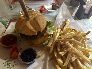 Falafel Burger with fries  at Shana By The Beach in Quepos