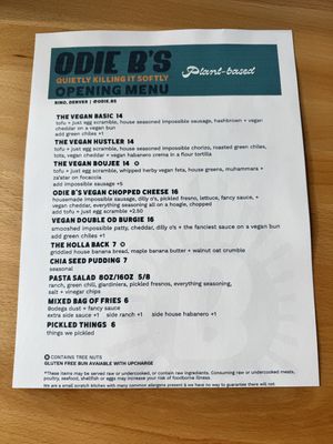 Vegan opening menu  at Odie B's - Rino  in Denver