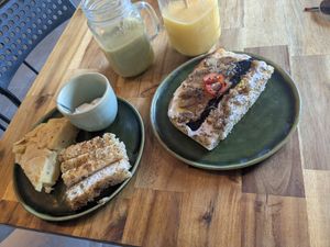 Left: tortilla patata, right; focaccia berenja at Fronda Café  in Valencia