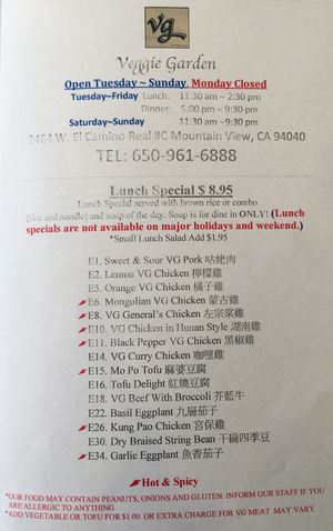 Menu on 5/2/21 at Veggie Garden in Mountain View