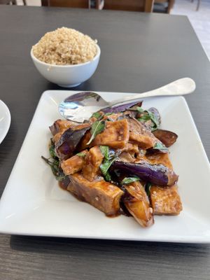 Basil eggplant tofu with brown rice.   at Veggie Garden in Mountain View