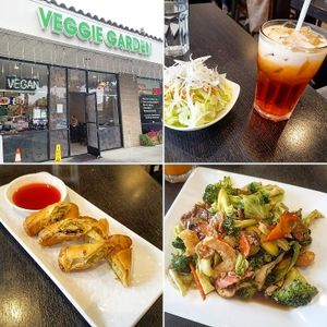 Thai iced tea, spring rolls, and happy family entrée. All Delicious!  at Veggie Garden in Mountain View
