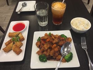 Spring rolls, General’s chicken, Thai iced tea at Veggie Garden in Mountain View
