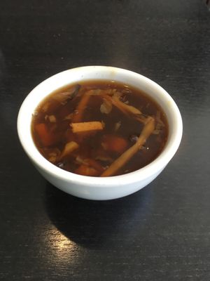 Complementary hot and spicy soup at Veggie Garden in Mountain View