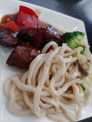 VG Ribs and Very Garlicky Noodles on individual plate. Yum at Veggie Garden in Mountain View