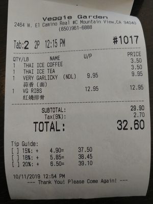 Meal Price for two people with drinks at Veggie Garden in Mountain View