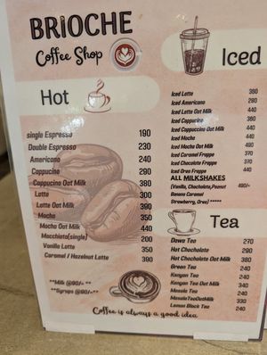 Coffee shop menu at Brioche in Nairobi