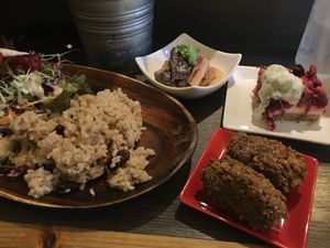 Tapas lunch , beetroot tart , aubergine dish , seaweed and tofu nuggets  at Base Island Kitchen in Osaka