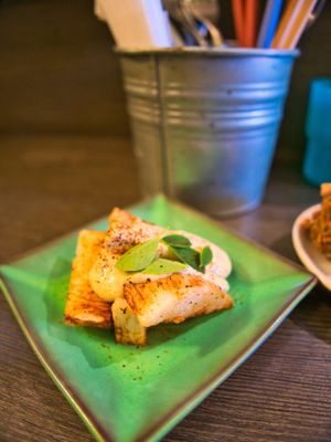 Taro Potato Steak with Vegan Cream Tappa. at Base Island Kitchen in Osaka
