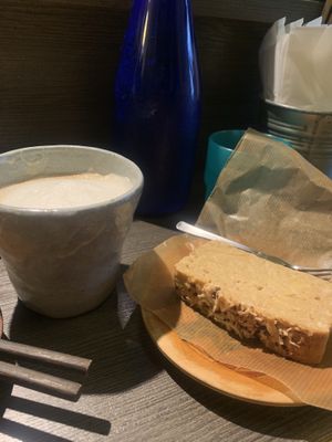 Soy milk coffee and vegan orange/apple custard cake at Base Island Kitchen in Osaka