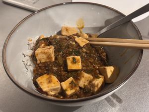 Vegan mapo tofu takeout eaten at home!  at Golden Tiger Udagawacho in Tokyo
