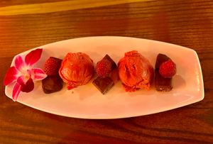 Vegan chocolate torte w/ raspberry sorbet  at Blue Sushi Sake Grill in Tempe