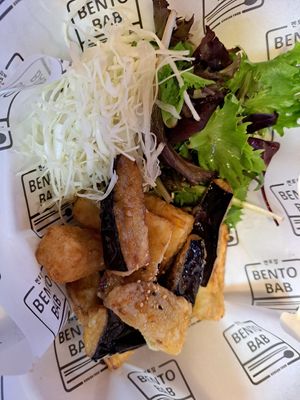 Korean fried aubergine soy garlic at Bento Bab - Commercial Street in East London