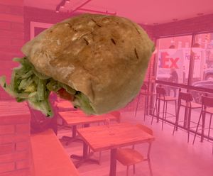 Falafel (superposed above seating) at Mamoun's Falafel - Upper East Side in New York City