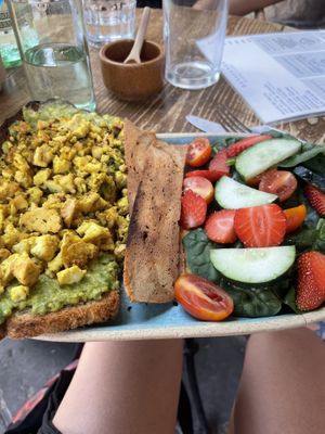 Avocado Toast with scrumbled tofu and bacon tempeh  at Café Zapopan in Zapopan
