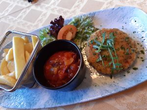Rice-pumkin patty, salsa(with beans) and fries at Alpengasthof Grimmingblick in Planneralm
