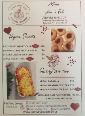 Menu for January and February 2025. Visit website or social media for current menu. at Lovin' Every Bite in Crossville