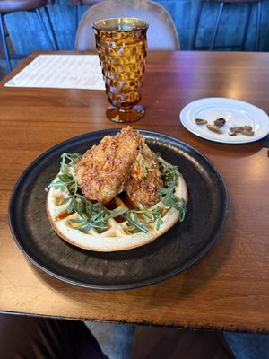 Chicken and waffles  at Marian Cocktails and Kitchen in Raleigh